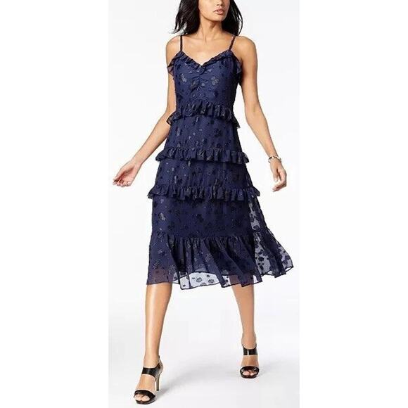 Michael Kors Women's Navy Blue‎ Dot Print Tiered Ruffle Midi Dress Size Medium - Picture 5 of 6